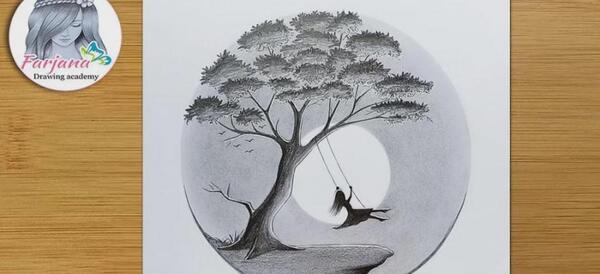 عکس نقاشی دختر تنها روی تاب