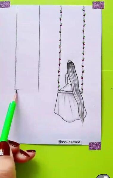 عکس نقاشی دختر تنها روی تاب