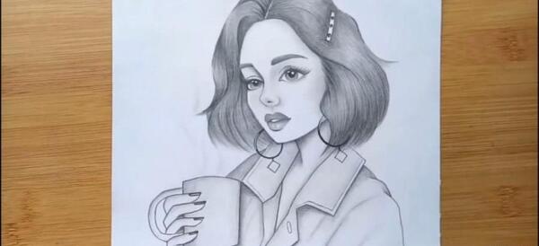 عکس نقاشی سیاه قلم دختر خوشحال