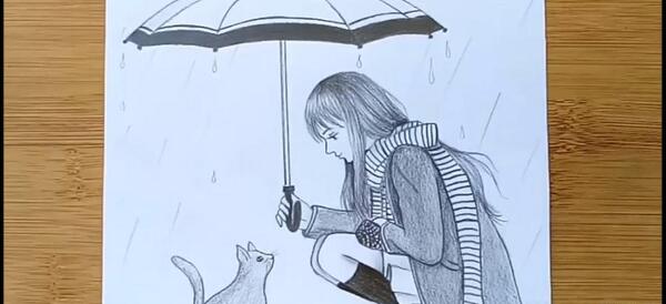 عکس نقاشی یک دختر در باران