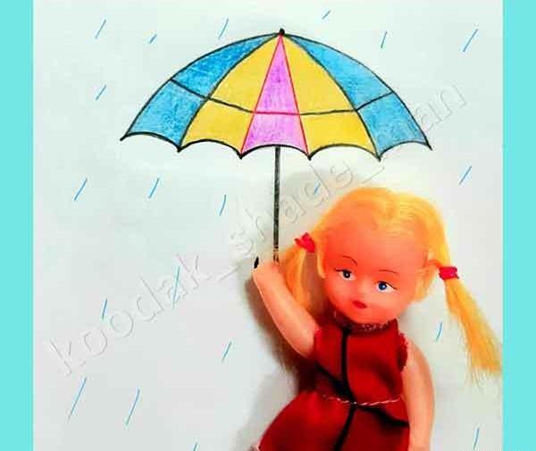 عکس نقاشی دختر در زیر باران با چتر