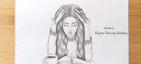 عکس نقاشی دختر بچه در حال کتاب خواندن