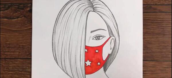 عکس نقاشی دختر سیاه قلم با ماسک