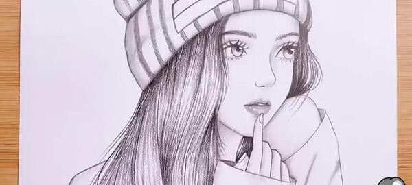 عکس نقاشی سیاه قلم ساده دختر با حجاب