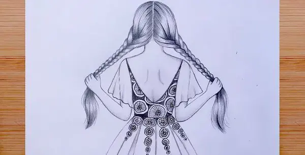 عکس نقاشی دختر مو بافته ساده