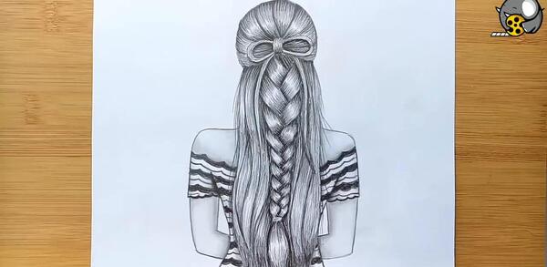 عکس نقاشی دختر مو بافته ساده