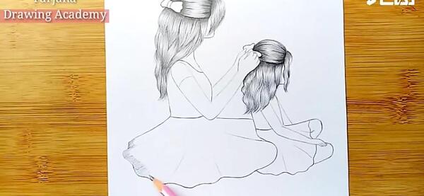 عکس نقاشی دختر و مادر کودکانه
