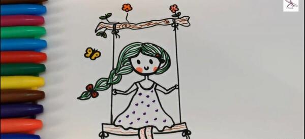 عکس نقاشی دختر و گربه روی تاب