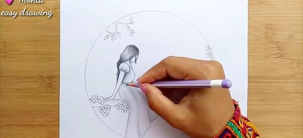 عکس نقاشی دختری که روی تاب نشسته کودکانه
