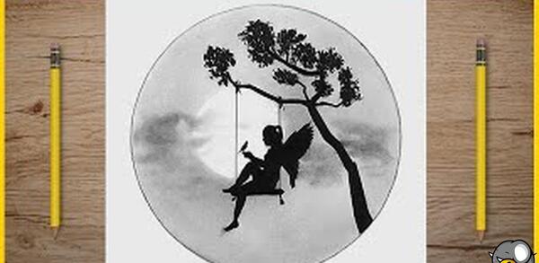 عکس نقاشی دختری که روی تاب نشسته کودکانه