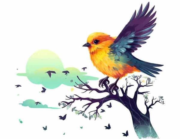 عکس نقاشی پرنده روی درخت