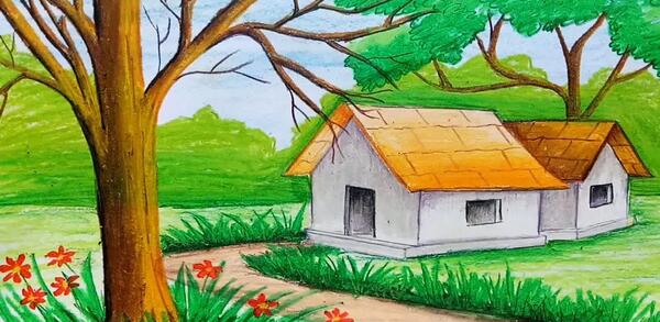 عکس نقاشی درخت پاییزی با مداد رنگی