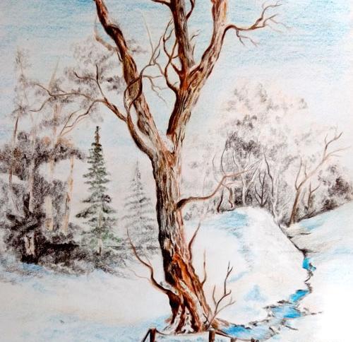 عکس نقاشی زمستان با مداد رنگی