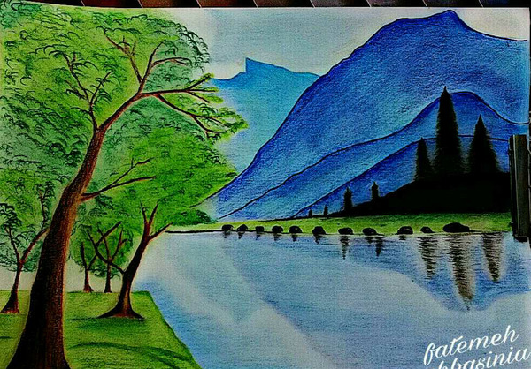 عکس نقاشی طبیعت با مداد رنگی حرفه ای