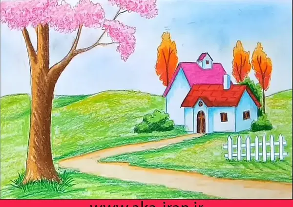 عکس نقاشی طبیعت با مداد رنگی ساده و زیبا