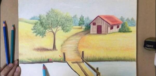 عکس نقاشی طبیعت ساده با مداد رنگی