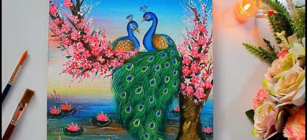 عکس نقاشی کودکانه طاووس رنگی