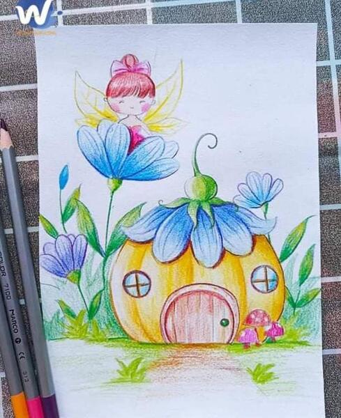 عکس نقاشی فصل بهار با مداد رنگی