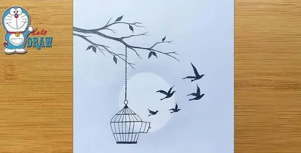عکس نقاشی کودکانه پرنده در قفس