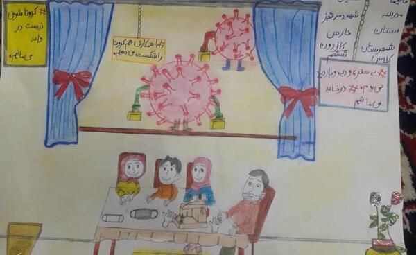 عکس نقاشی کودکانه کرونا و مدرسه