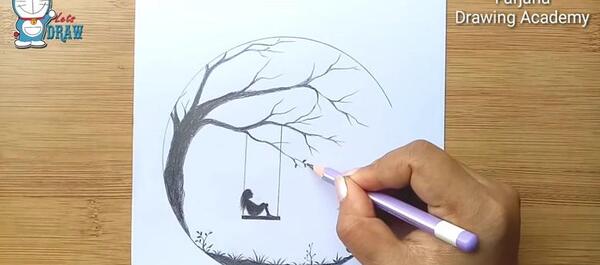 عکس نقاشی سیاه قلم از طبیعت در دایره