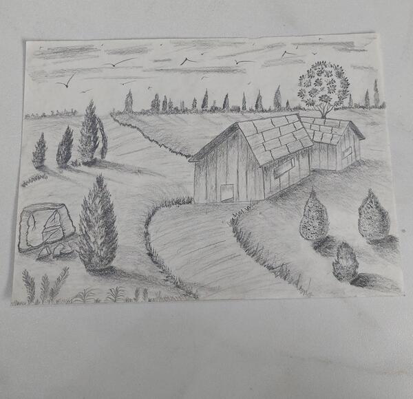 عکس نقاشی سیاه قلم کلبه جنگلی
