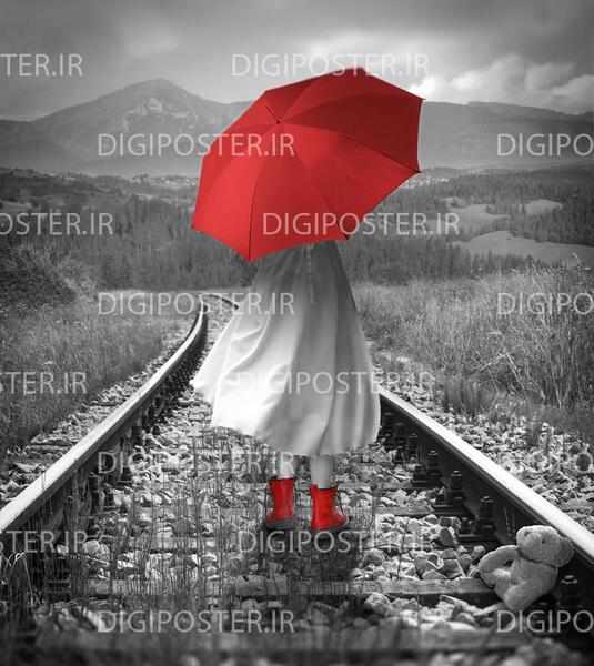 عکس نقاشی سیاه قلم دختر از پشت با چتر