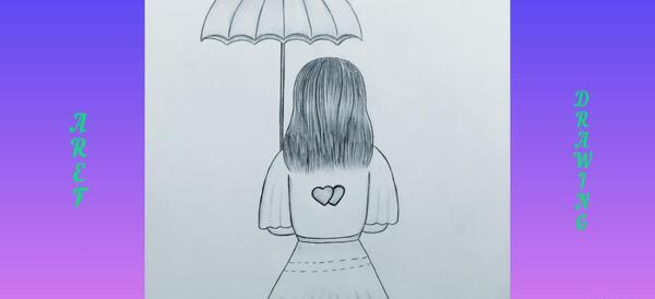 عکس نقاشی سیاه قلم دختر از پشت با چتر