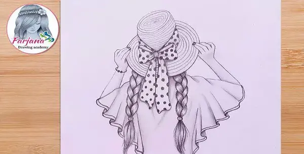 عکس نقاشی سیاه قلم دختر از پشت با کلاه