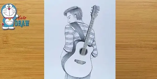 عکس نقاشی سیاه قلم گیتار ساده