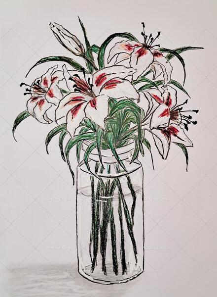 عکس نقاشی گل در گلدان فانتزی