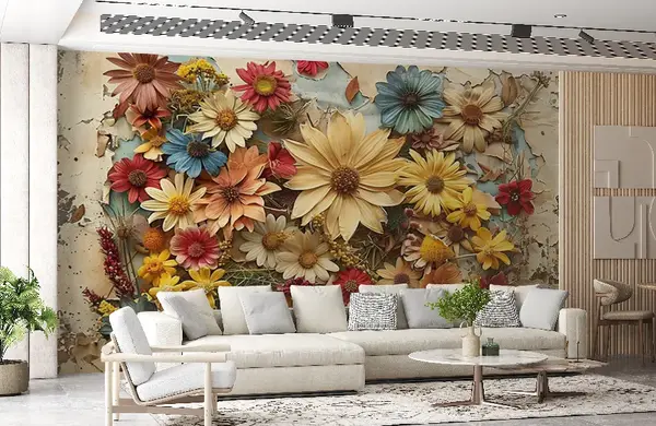 عکس نقاشی گل روی دیوار پذیرایی