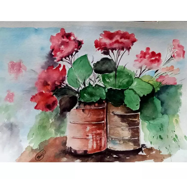 عکس نقاشی آبرنگ گل شمعدانی
