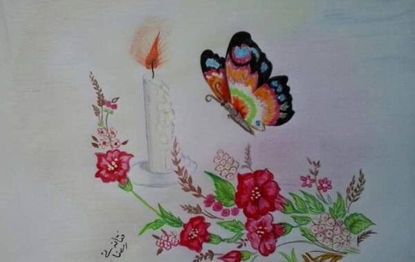 عکس نقاشی شمع و گل و پروانه کودکانه