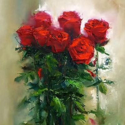 عکس نقاشی گل رز قرمز با رنگ روغن