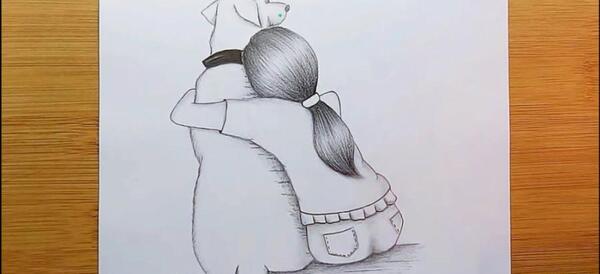 عکس نقاشی سیاه قلم دختر و خرس