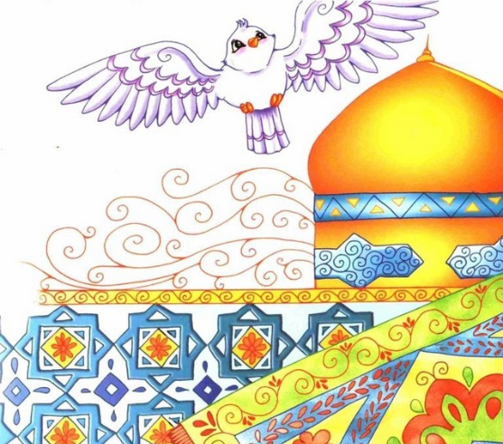 عکس نقاشی حرم امام رضا با کبوتر کودکانه