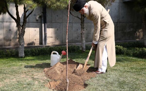 عکس رهبر در حال کاشت درخت