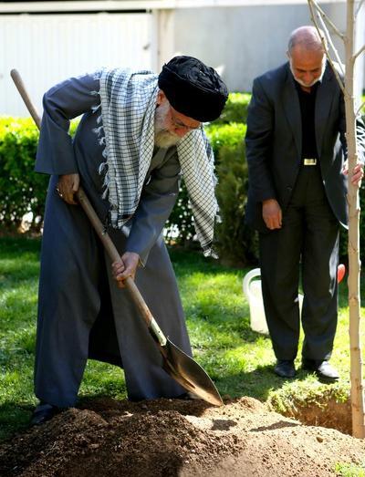 عکس رهبر در حال کاشت درخت