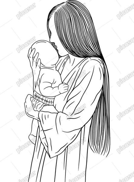 عکس نقاشی مادر و دختر ساده