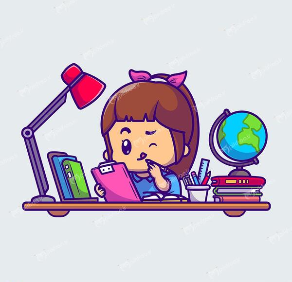 عکس کارتونی دختر درحال درس خواندن