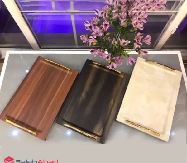 عکس سینی چوبی دسته طلایی