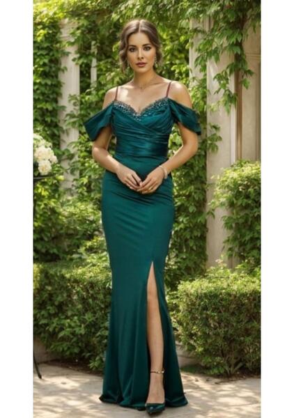 عکس لباس مجلسی زنانه ساتن سبز