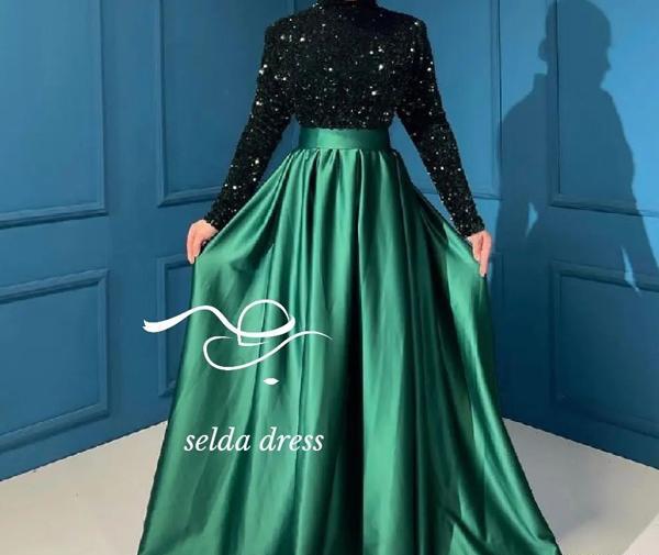 عکس لباس مجلسی زنانه ساتن سبز