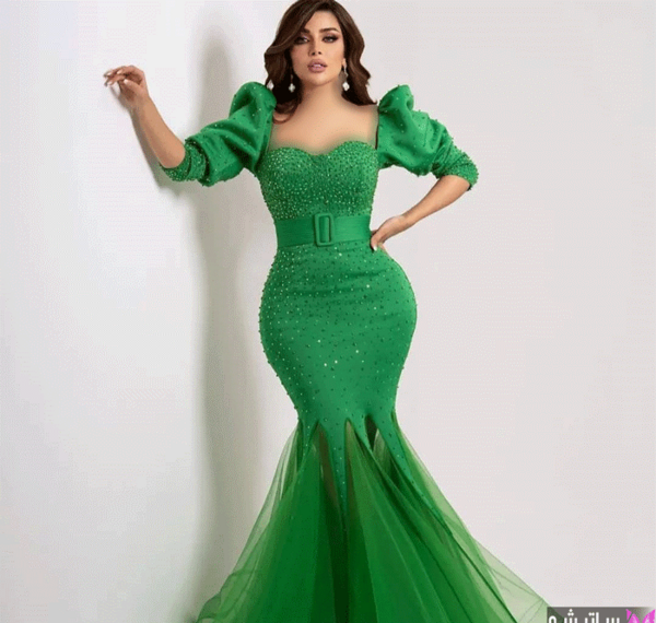 عکس لباس مجلسی زنانه ساتن سبز