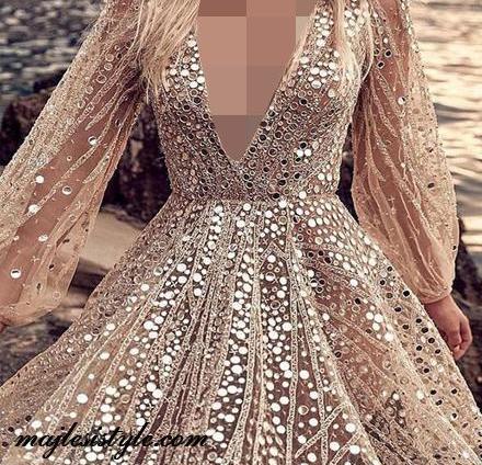 عکس مدل لباس مجلسی پولکی استین دار کوتاه