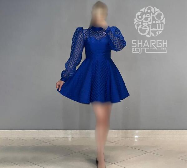 عکس لباس مجلسی کوتاه آبی کاربنی