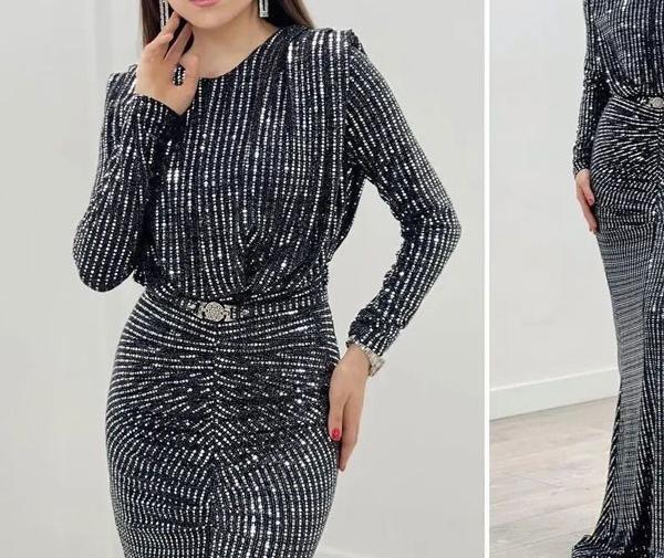 عکس لباس مجلسی زنانه کوتاه با پارچه پولکی