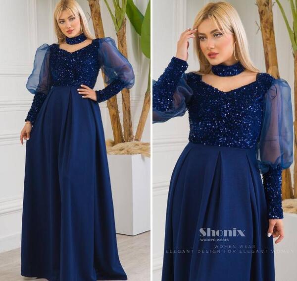 عکس لباس مجلسی زنانه رنگ ابی کاربنی