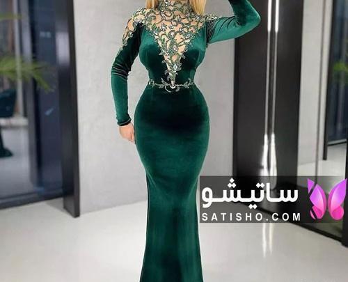 عکس لباس مجلسی شیک مخمل سبز